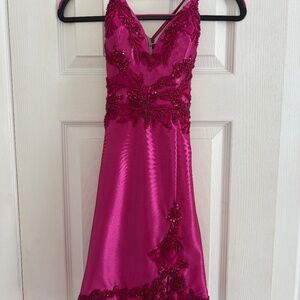 Faviana Short Beaded Lace-Up Satin Dress With Mini Leg Slit | 11100